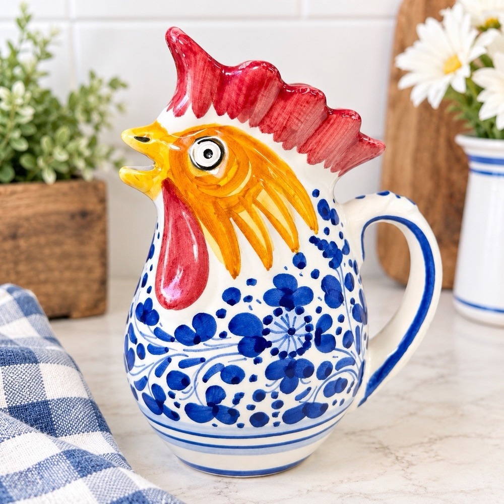 VTG Deruta Italy Rooster Pitcher Hand Painted Ceramic Blue Floral 6.5" Folk Art